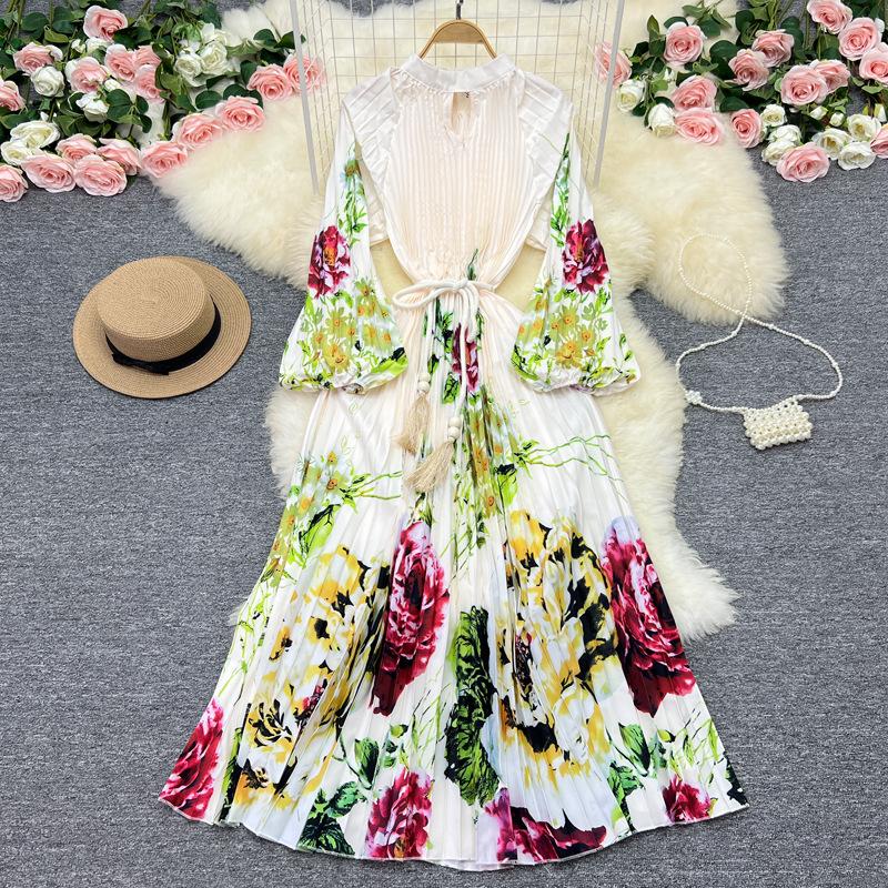 YYFS Γυναικεία Μόδα Άνοιξη Φθινόπωρο με μοτίβο λουλουδιών με μακρυμάνικο λαιμόκοψη Casual φορέματα