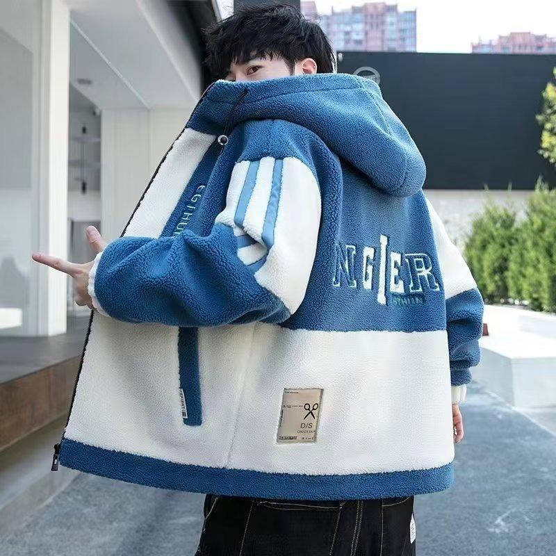 

Мужская зимняя куртка из овчины 2024 года с капюшоном — свободный крой, флис, хлопковая подкладка, контрастный цвет XL синий/белый