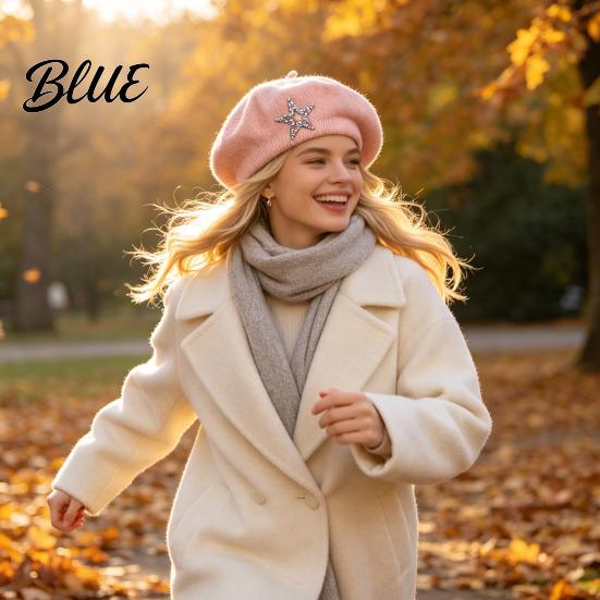 Ladies Winter Hat Women Knitted Beret for Fall Winter French Style Artist Vintage Inspired Cap with Rhinestone Star Stretchy Solid Color Knitting