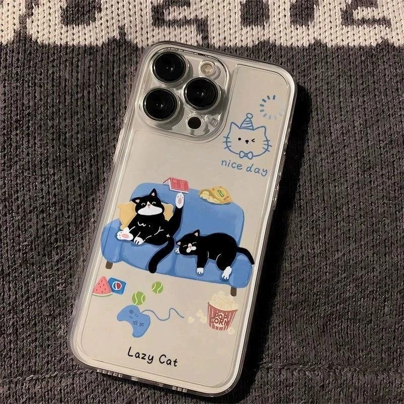 Lazy Cat Clear Phone Case, Cute Black Cat Sofa Pattern Shockproof Cover for iPhone