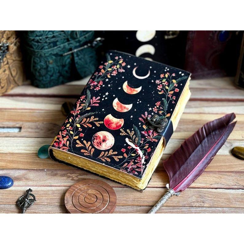 Moon Phase Vintage Leather Journal for Men & Women 200 Pages of Antique Handmade Deckle Edge Paper, Leather Sketchbook, Christmas Gift