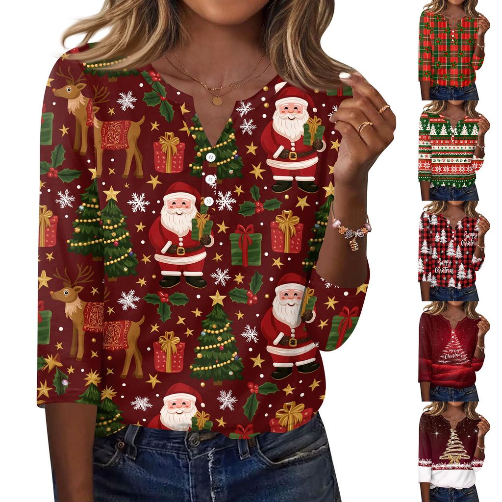 Women's Fashion Casual Christmas Print V-Neck Button Three-Quarter Sleeve T-Shirt Blouse