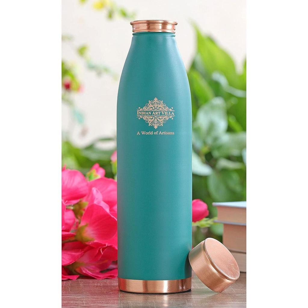 Pure Copper Lacquer Coated Green Silk Finish Water Bottle, Drinkware & Storage Purpose, Ayurvedic Health Benefits, Volume-900 ML - Pack of 1
