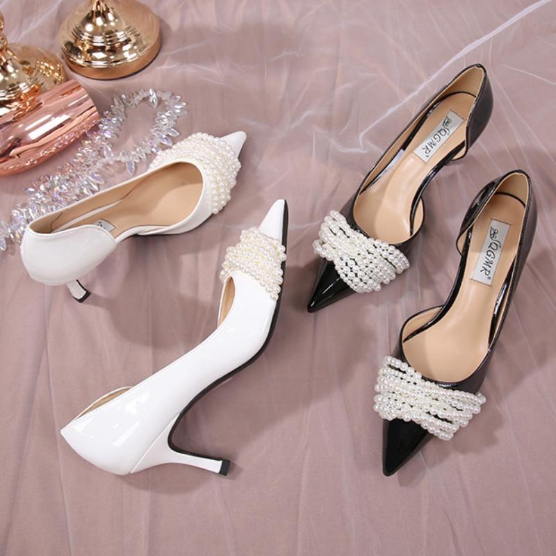 Fashion Pearl Sheepskin Pointed Low Top Single Shoe Monochrome Patent Leather Wedding High Heels Stiletto Bridesmaid Fashion Shoes