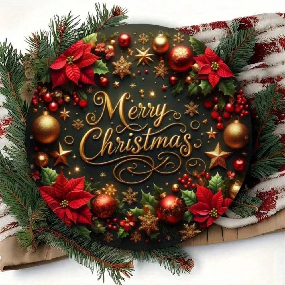 8" Round Cozy Christmas Wreath Metal Sign, Festive Tin Plate Holiday Wall Decor For Home Living Room Kitchen