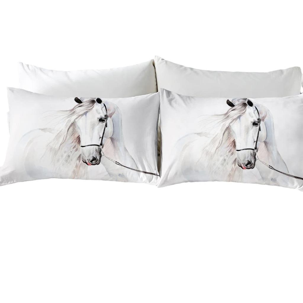 White Horse Down Quilt Set Animal Print Quilt Cover Comfortable Bedding Three-Piece Set