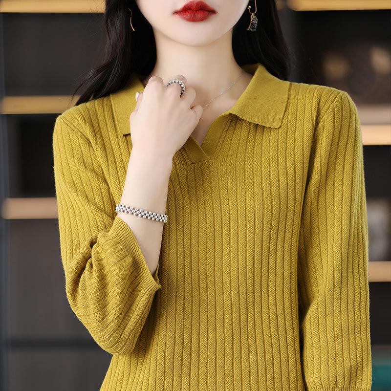 Spring and Summer Latest Cotton Thread 7-quarter Sleeve POLO Collar Sweater Women Pullover Thread Pit Strip Trendy Base Top