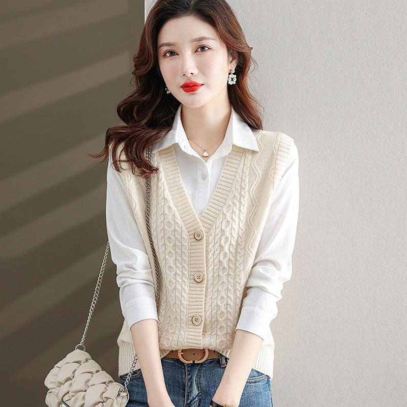 Dámská elegantní polyesterová pletená vesta | Svetrová vesta s copánkovým vzorem a výstřihem do V | Jednobarevné pletené oblečení bez rukávů | Módní top pro vrstvení na podzim/zimu