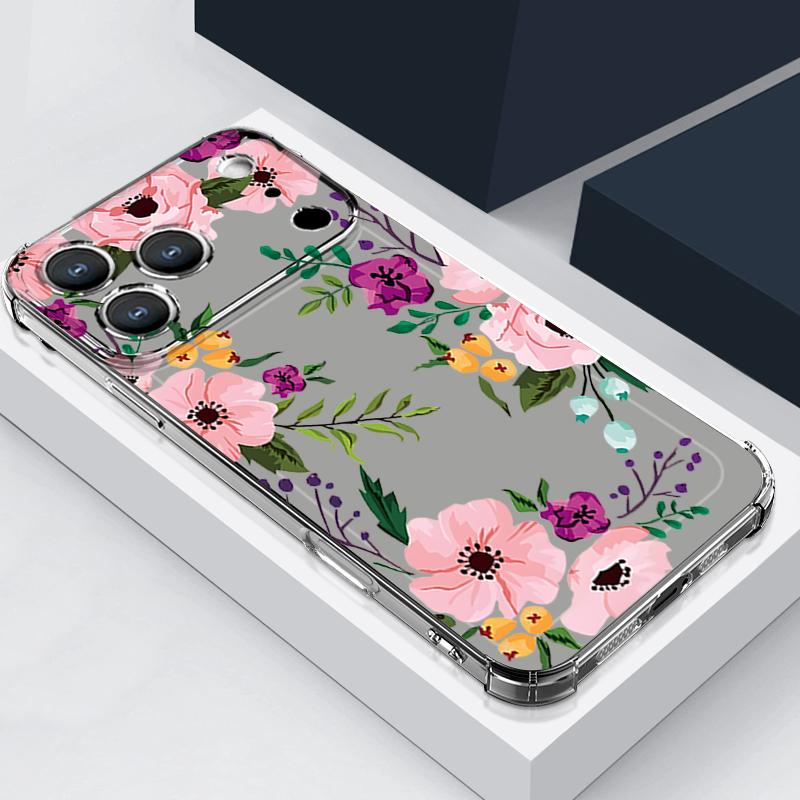 Floral Flower Patterned Silicone Phone Case For iPhone 17 Pro Max 16 15 14 Pro Max 13 12 Pro 11 Shockproof Soft TPU Clear Cover