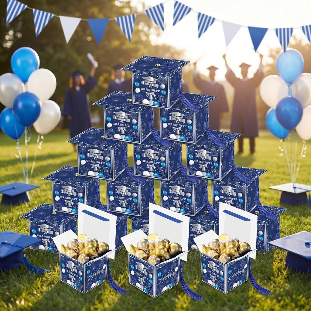Graduation Cap Candy Boxes Set 15 Pieces Graduation Party Favor Boxes with Tassel and Printed Graduate Design for Celebration Events