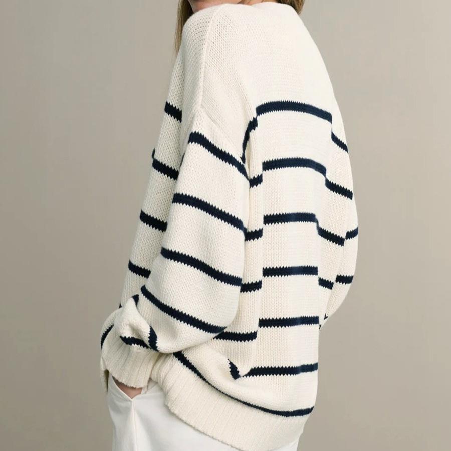 Vintage V-neck Black White Striped Knitted Cardigan Women's Autumn Winter Contrasting Colors Oversized Sweater Lazy Coats Women