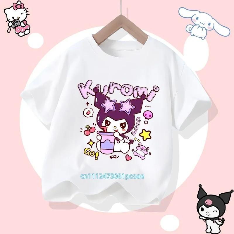 Kuromi Children's Pure Cotton Short-Sleeved Girls' Casual Shirt - Summer T-Shirt with Cartoon Print- Three Little Monkeys Series