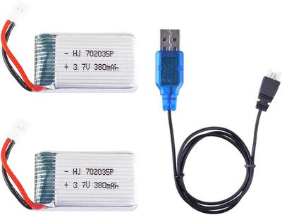 2x Baterías LiPo 3.7V 380mAh con Cable USB – Compatible con Hubsan X4 H107C H107D H107L, Syma X11 X11C, HS170 – para Cuadricópteros y Helicópteros RC