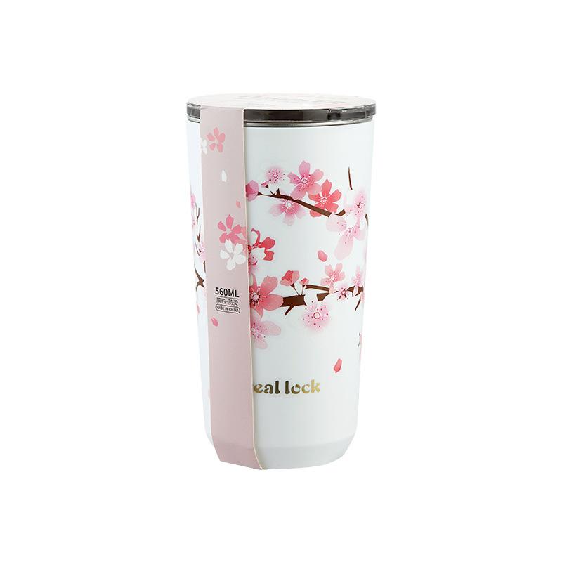 Cherry Blossom Patten Coffee Mugs with Lid Stainless Steel Leak-Proof Sealed Milk Juice Tea Cup Travel Camping Tumbler Drinkware