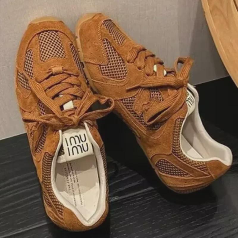 Genuine Leather Retro Women's Mesh Breathable Flat Sneakers - Early Spring 2025 Collection