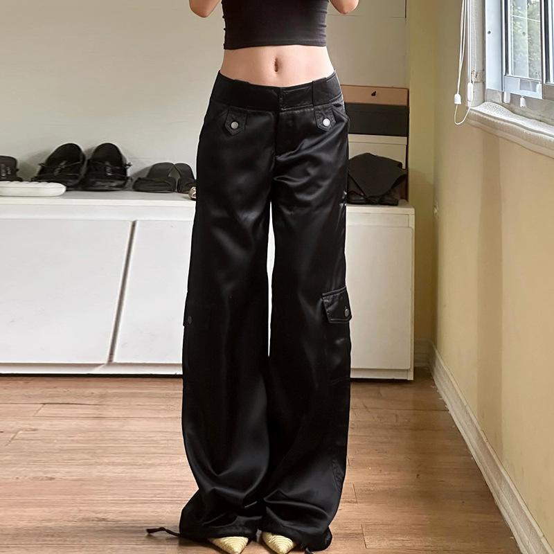 Pantalones acampanados de satén de tiro bajo casuales hipster de diseñador para mujer con múltiples bolsillos