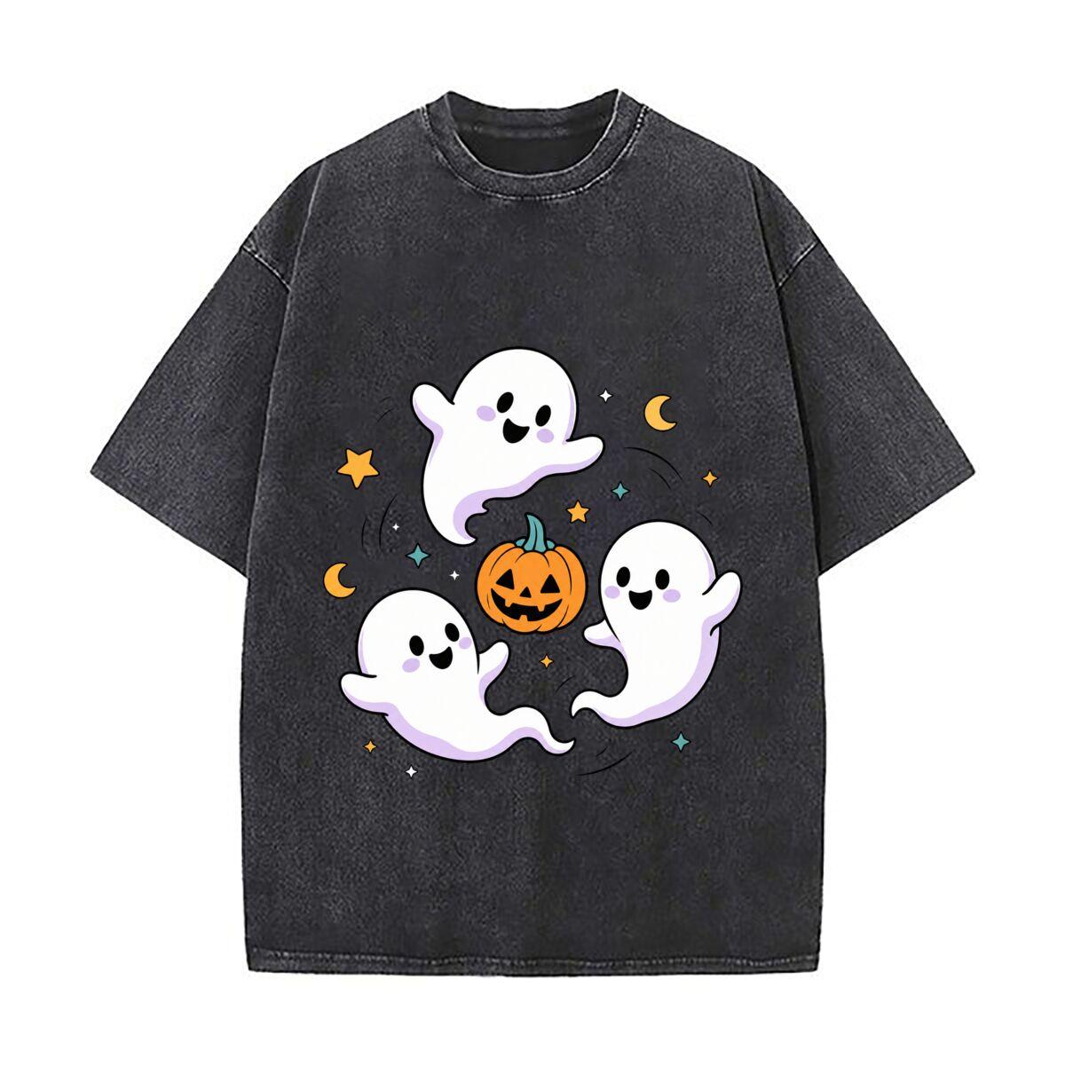 Cute Halloween Ghost Parade Pumpkin Loose Solid Distressed T Shirt American Casual Crew Neck Top S