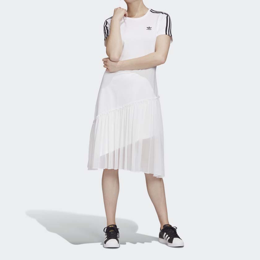 Adidas Originals Tulle Dress Casual Striped Mesh Panel Short Sleeve Dress Women dresses White GK3662