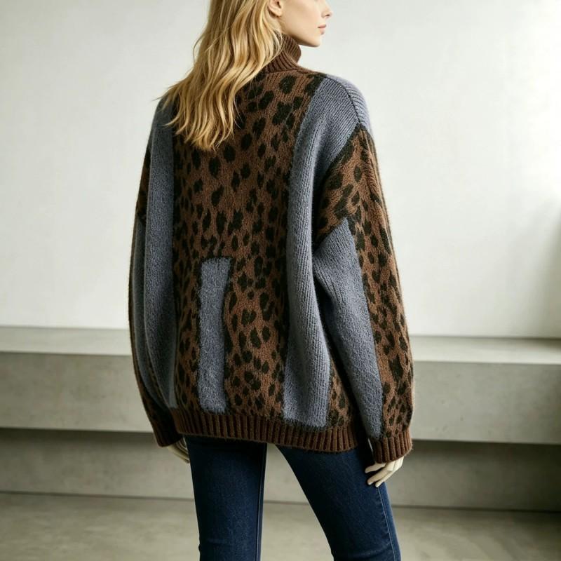 Damen Oversize Leopard Muster Strickpullover Lockerer Sitz Hoher Kragen Langarm Herbst Winter Oberteil