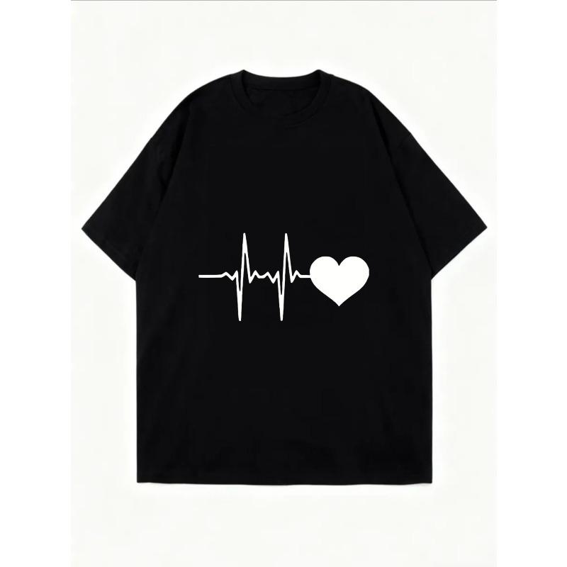 White Oversized T Shirt With Heartbeat And Heart Print For Casual Wear