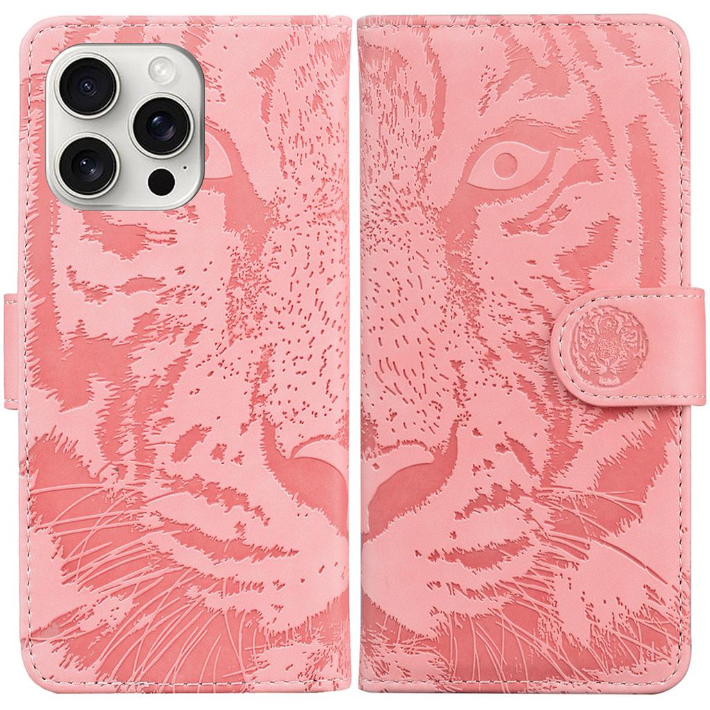 For iPhone 16 Pro Case Tiger Imprint Leather Shockproof Wallet Phone Cover