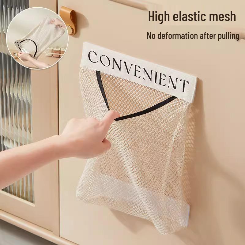 Wall-Mounted Large Capacity Kitchen Trash Bag Storage with Velcro Mesh Pocket