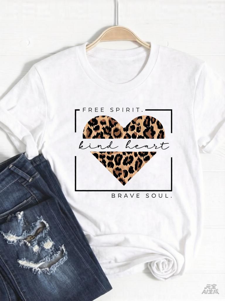 Tee Basic Clothing Women Clothes Print T Shirt Leopard Love Heart Trend Cute Summer Top Fashion Short Sleeve Graphic Tshirt