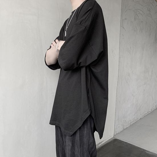 Men T-shirt Solid Color Simple Casual Young Style Friendly to Skin Round Neck Loose Split Hem Half Sleeves Summer Tops Men Clothes