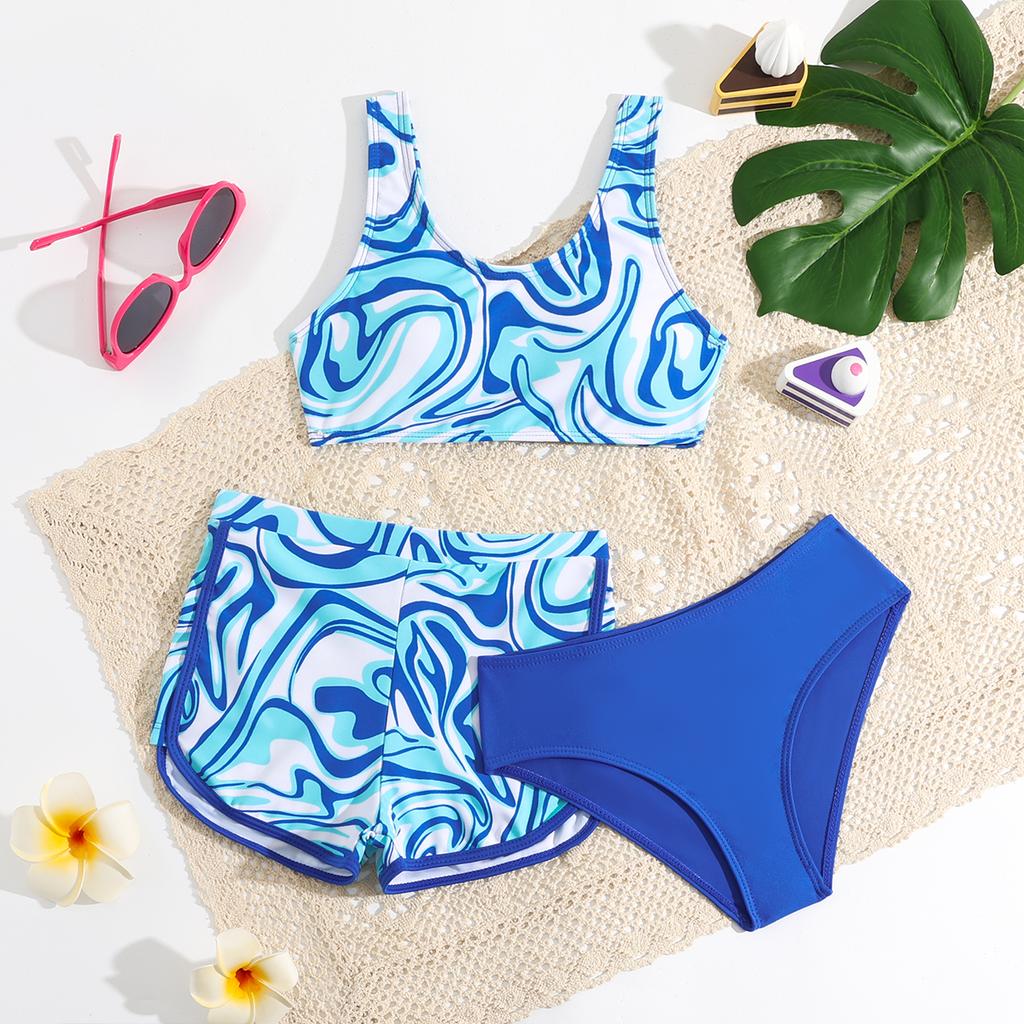 Mädchen 3-teilige Bademode mit Blumendruck, Bikini-Set mit Rüschen, Badeanzüge, Sommer, Strandkleidung