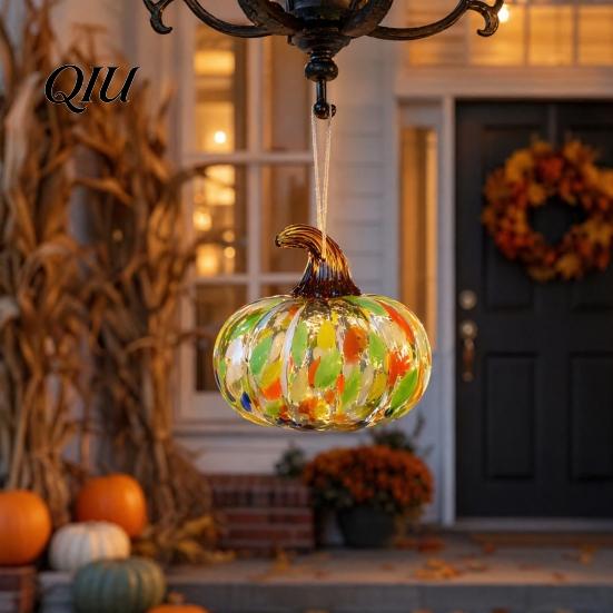 Unique Glass Art Pendant Hand Blown Pumpkin Figurine, Creative Adornment for Desktop Decoration, Fall Rainbow Light Refraction Decor
