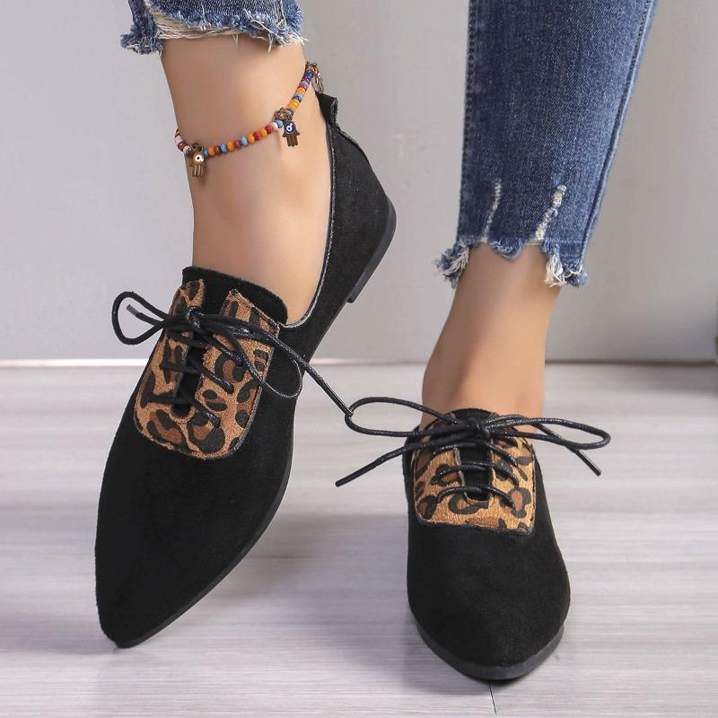 Large size leopard print single shoes women's autumn new pointed flat bottom suede casual shoes comfortable lace-up women's shoes