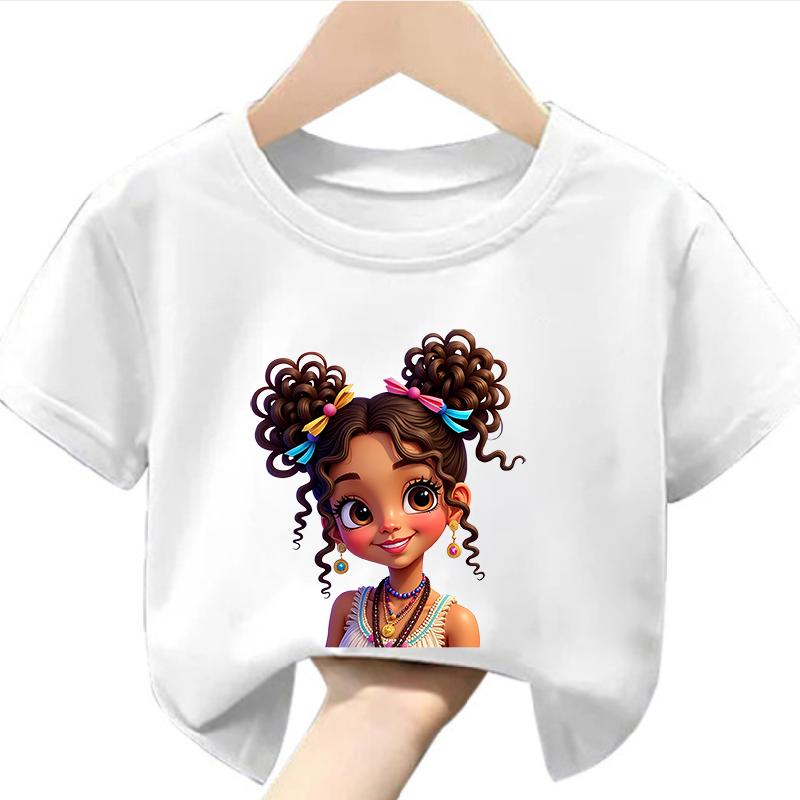 Summer Fashion Short Sleeve TShirt for Girls with Cartoon Print Double Tail Design Casual Top for Kids Polyester fabric