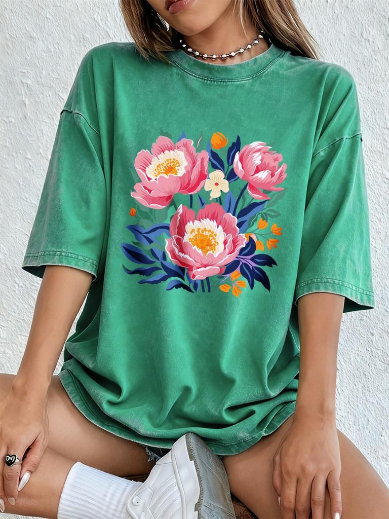 Peony Flowers Printing Washed T-Shirts Womens Cotton Short Sleeve Tops Casual O-Neck Oversized T Shirts Summer Woman Clothes