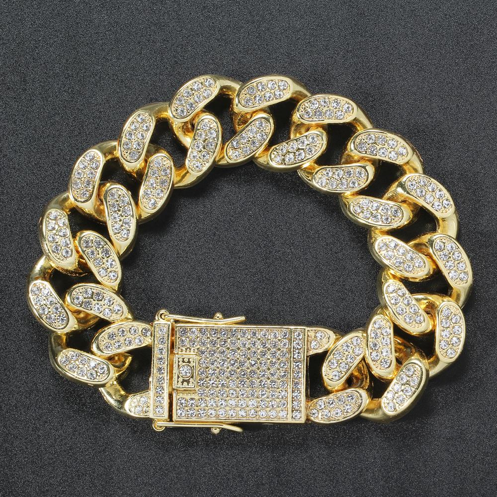 AB008 20 мм 8 дюймов Массивный Хрустальный Браслет Iced Out Хип-Хоп Мужской Хрустальный Кубинский Браслет Bling Bling 8inch(20.32cm) золотой