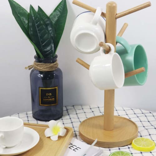 OUNONA Wooden Glass Holder, Cup Stand, Drainer, Kitchen, Bathroom, Mug Tree, Mug Rack, Cup Storage Stand, Stylish Kitchen Storage with 6 Hooks