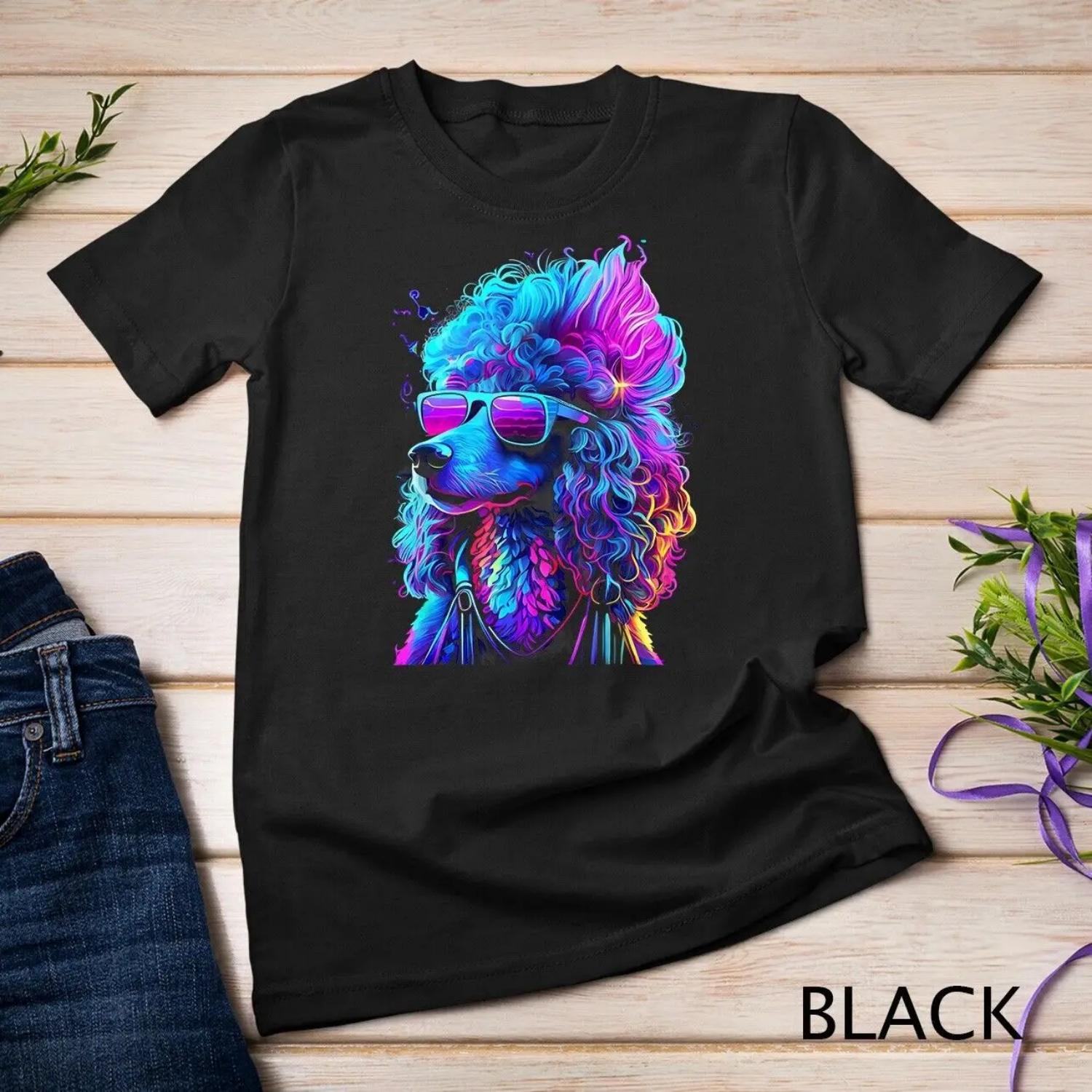 Funny Poodle T Shirt Colorful Wearing Sunglasses S чёрный