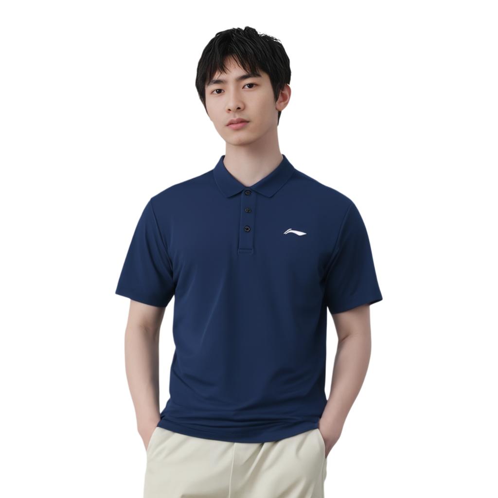 Li-Ning Fashion Simple Solid Color Letter Logo Casual Breathable Comfortable Sports Polo Shirt Unisex tops Guangdong-Blue APLU803-3