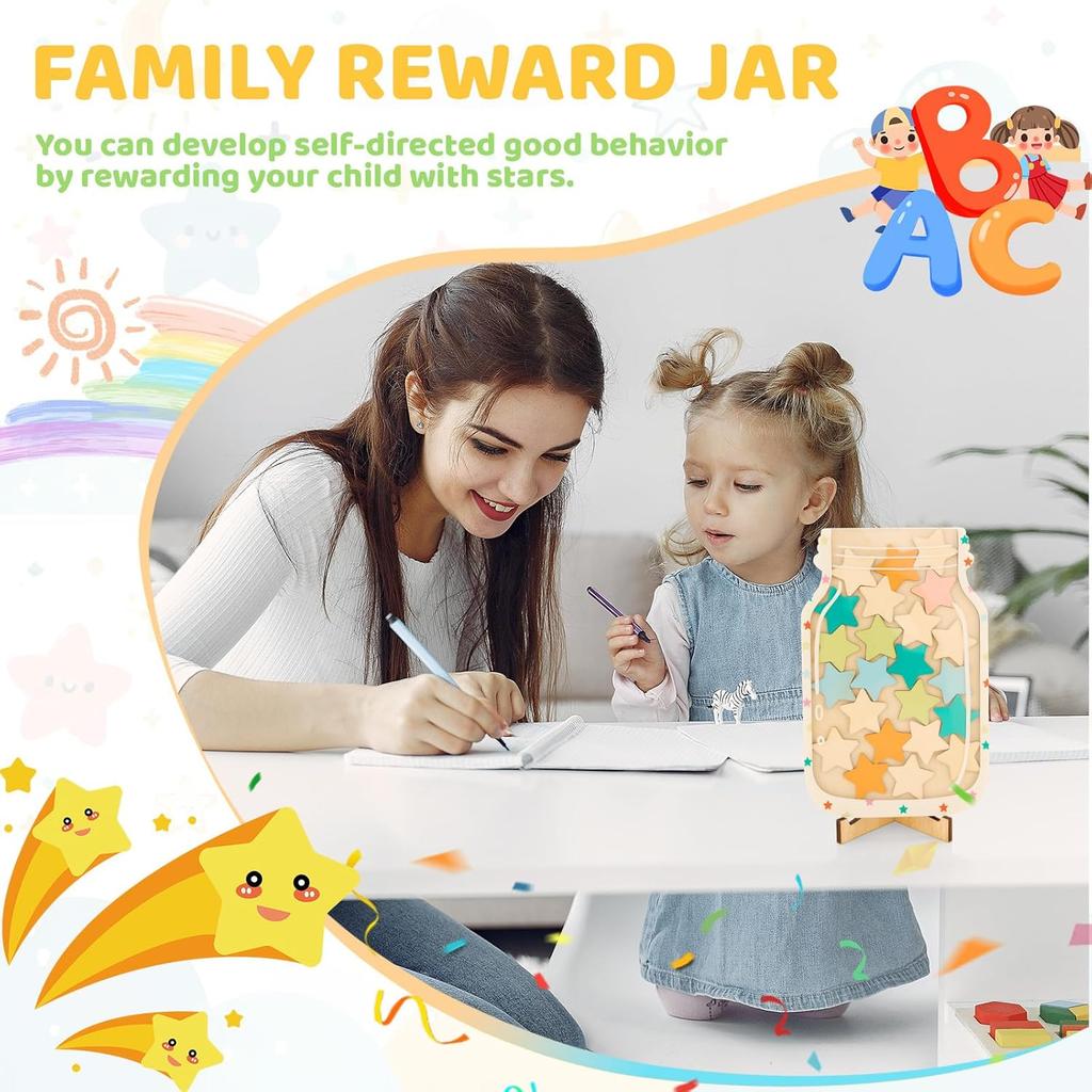 Magnetic Star Jar Reward System for Kids - Classroom & Home Behavior Chart with Stars - Wooden Motivational Jar for Potty Training, Chores,