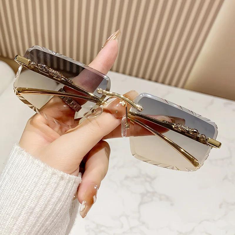 Rimless Punk Vintage Sunglasses Women For Men Luxury Brand Designer Sun Glasses Popular Metal Leopard Head Hip Hop Eyeglasses