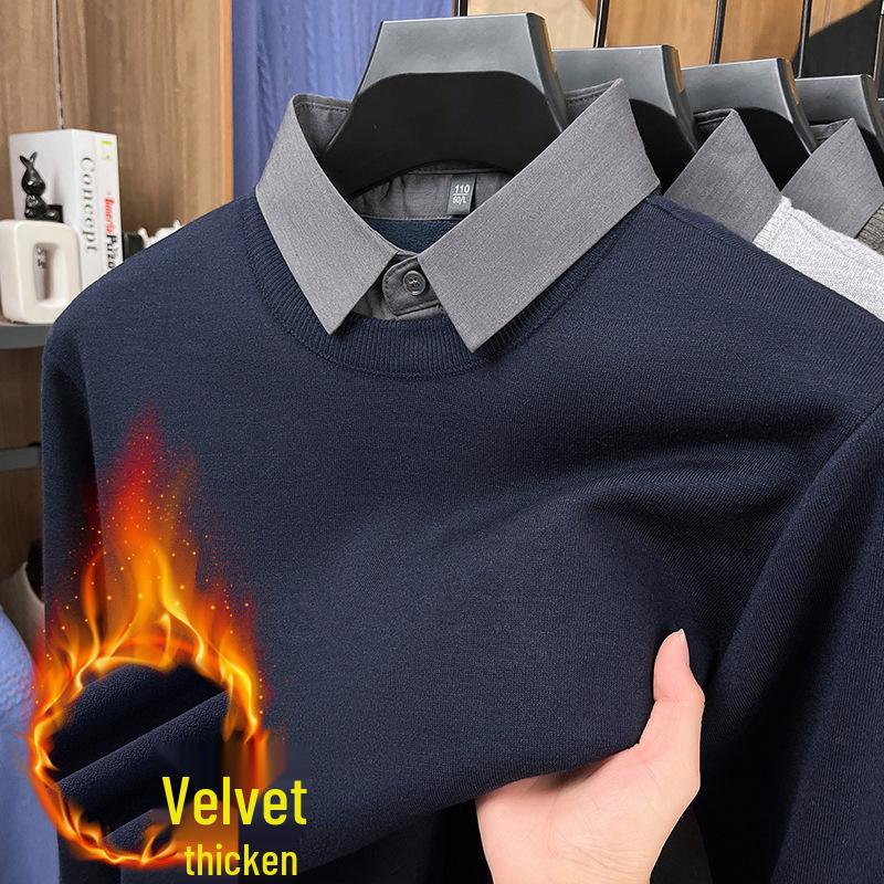 Men's Two-in-One Fleece-Lined Knit Sweater with Shirt Collar for Autumn/Winter