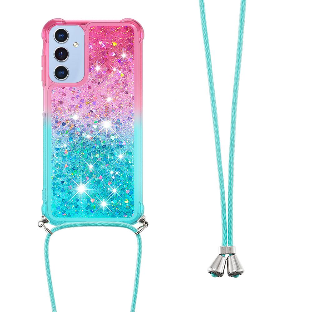 

For Samsung Galaxy A15 5G TPU Case Gradiant Quicksand Shockproof Cover with Lanyard Pink+Sky Blue