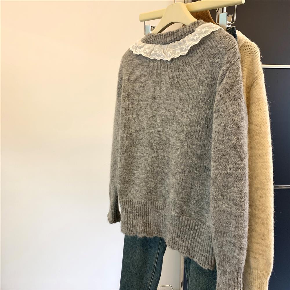 2026 Spring Autumn Korean Puppy Embroidery Lace Trim Women's Knit Cardigan