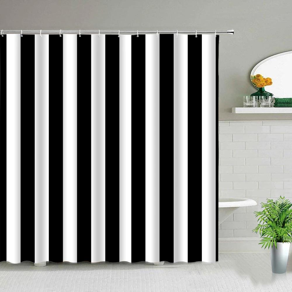 Black White Geometric Bathroom Shower Curtains Bohemian Stripe Print Waterproof Frabic Chic Toilet Partition Curtain With Hooks