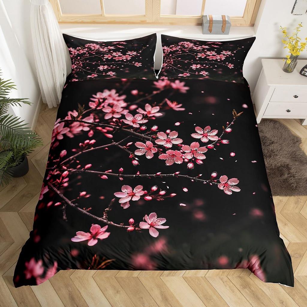 Cherry Blossoms Bedding Set for Boys Girls Japanese Style Floral Botanical Comforter Cover Twin King Sakura Flower Duvet Cover
