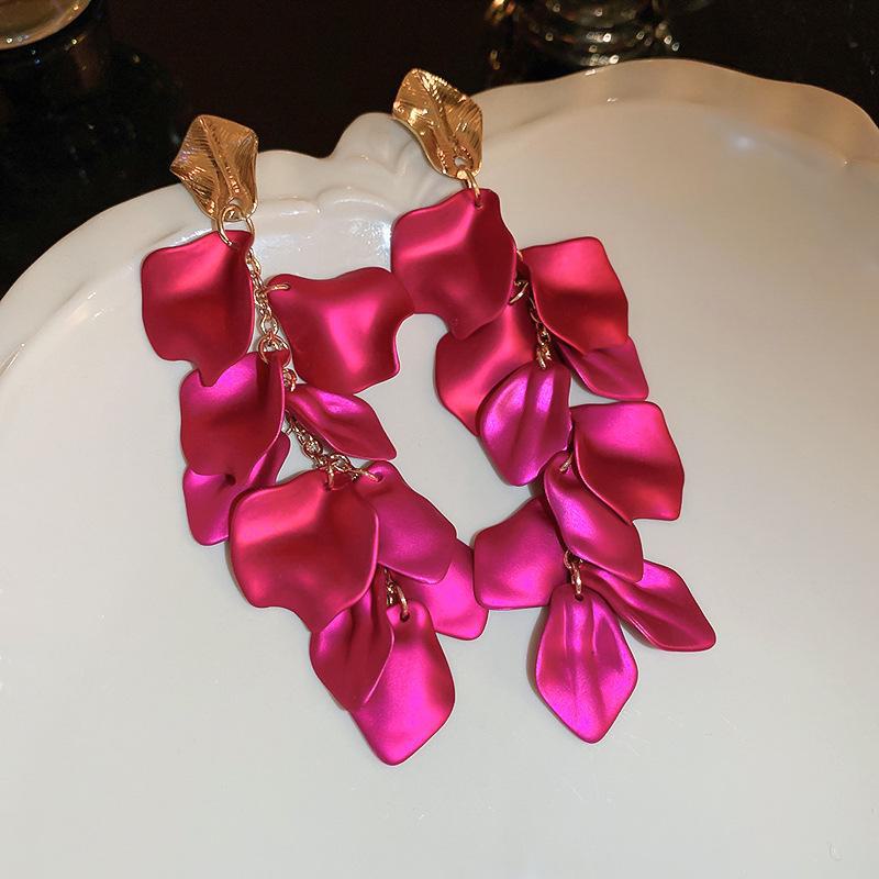 Silver Needle Rose Petal Long Tassel Earrings - European & American High-End Style