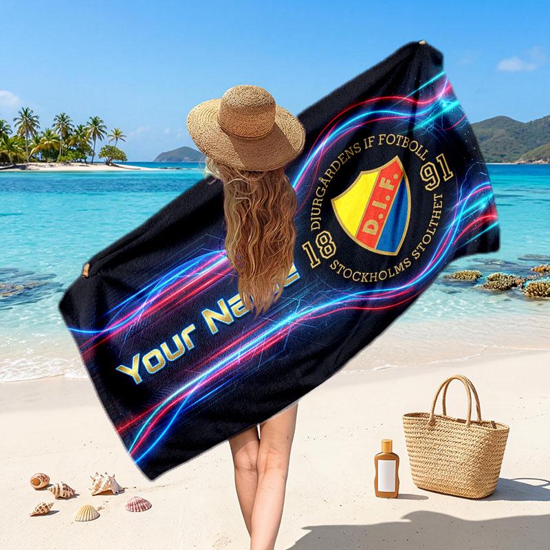 Djurgårdens IF Custom Beach Towel, Personalized Name Text Print, Football Logo Soft Quick‑Dry Towel Holiday Gift