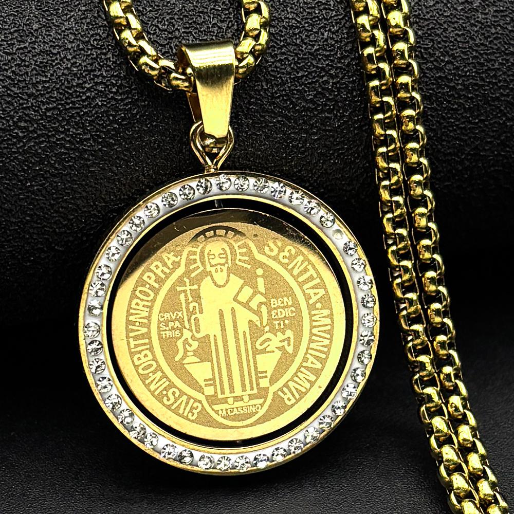 Catholic Rotatable Saint Benedict Cross Pendant Necklace for Women Men Stainless Steel Rhinestones San Benito Box Chain Jewelry