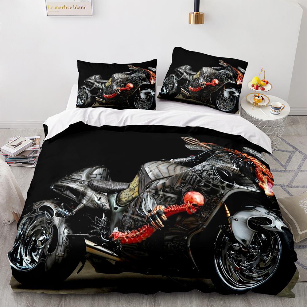 3D Motorcycle Quilt and Pillow Case 2/3 Piece Retro Style Motorcycle Bedding Set EU135 * 200 Soft and Easy To Clean Home Decoration for Boys' Rooms