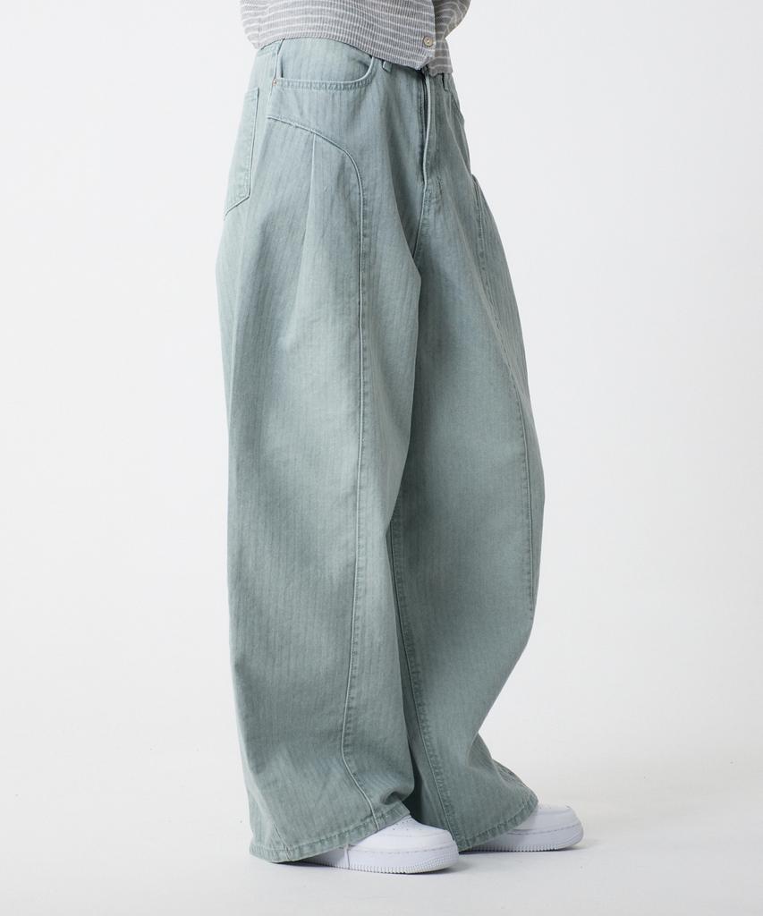 UNKNOWN PLANET Side Cut Tuck Pleat Wide Pigment Cotton Pants Green