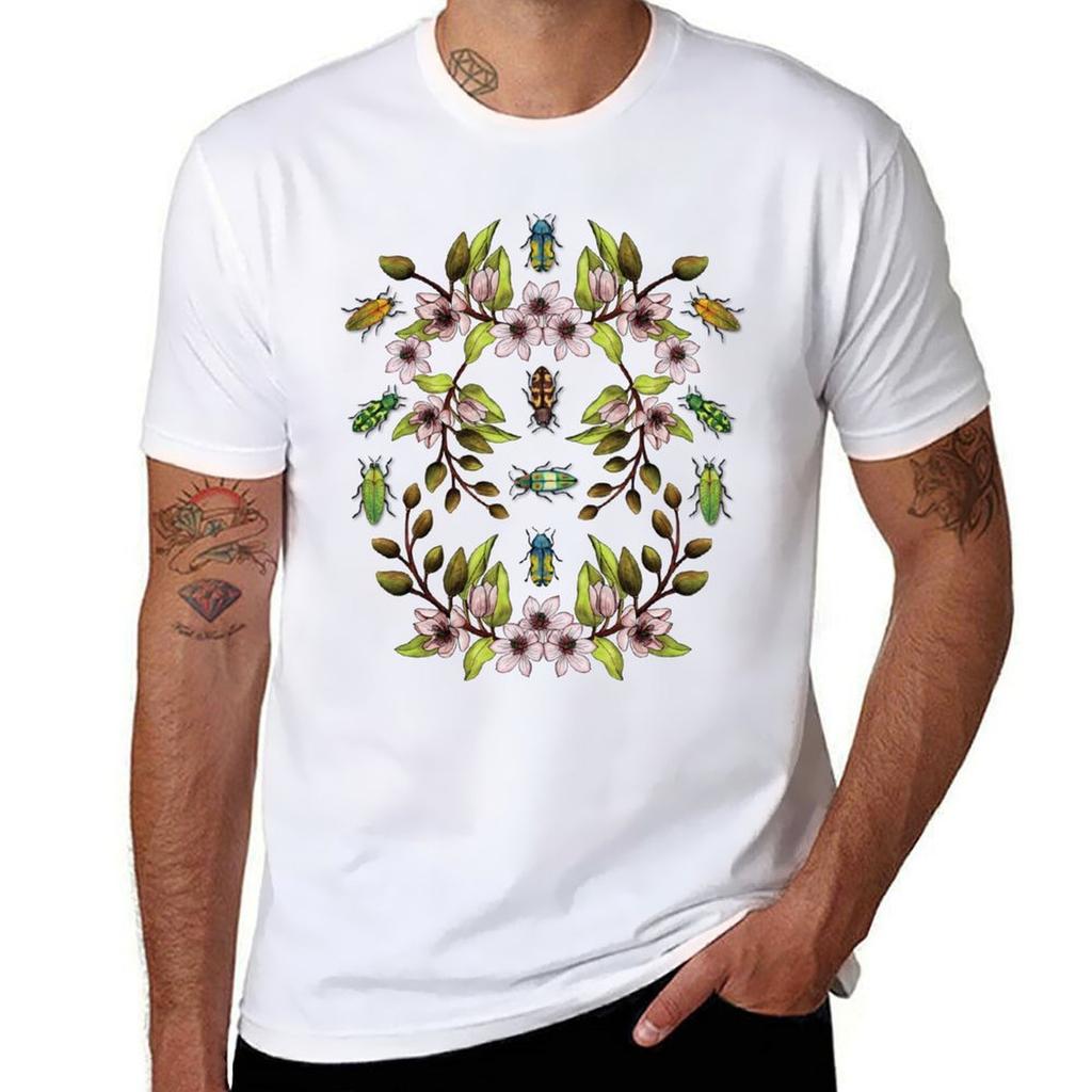 Jewel Beetles Insect Pollinators with Magnolia FigoBanana Shrub Flowers TShirt Stylish Graphic Short Sleeve Top